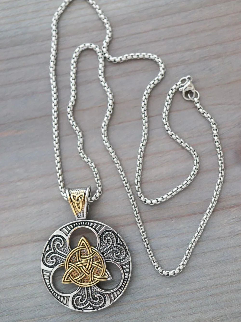 Celtic Knot Pendant Vintage Style Chain Necklace 2-Tone Stainless Steel